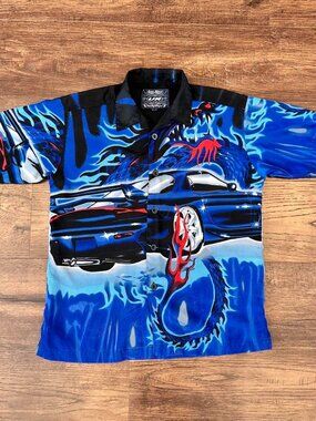 Vintage 2000s Y2K JDM Mazda RX7 Car Dragon Flames Short Sleeve Button Shirt Sz S